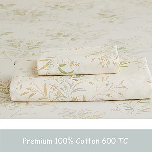 FADFAY Queen Bed Sheet Sets, Floral Leaves Bed Sheet Set Premium 100% Cotton 600 TC Green & Cream Flower Bedding Botanical Pastel Printed Soft Deep Pocket Fitted Sheet 4Pcs, Queen