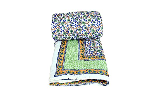 SVT Traditional Famous Rajasthani Print Jaipuri Beautiful Floral Print in Multi Green mughal Print Jaipuri Rajai/Razai/Quilt Twin Size/Twin Size Bed Quilt/Comforter/AC Quilt/AC Comforter