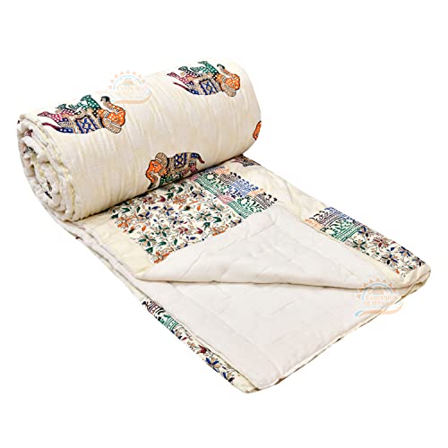 LOARSHY Pure Cotton Elephant Traditional Rajasthani Hand Block Printed Jaipuri Quilt/Razai/Rajai [Light Weight, Multicolor, Single Bed - 60x 90 Inches]