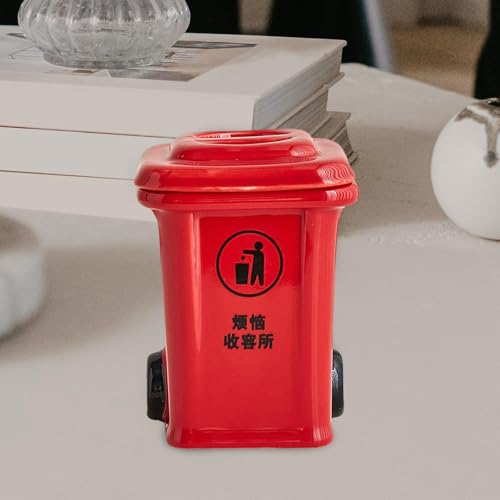 Mini Trash Can Shape Ash Holder Ceramic Portable for Living Room Office Desk Red