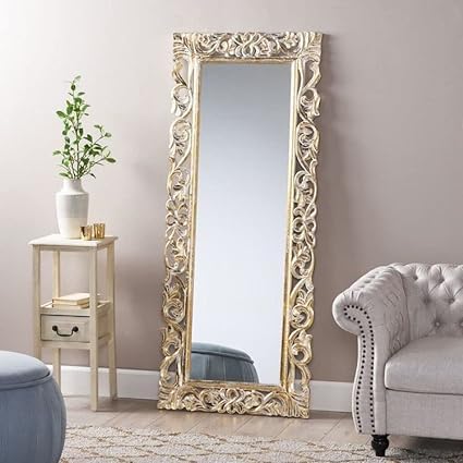 WoodIdea Wood Carving Mirror Frame Gold and White 24 x 60 Hand Made Only Frame with Out Mirror