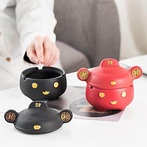 MYADDICTION Chinese God of Wealth Ashtray with Lid Feng Shui for Home Indoor Gift Red