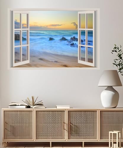 JVERF - JZZA27768 Sea Gull Sky Beach| Self-Adhesive Open Window Wall Sticker