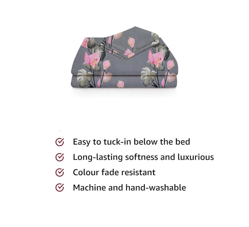 BSB HOME Premium Cotton Feel Single Bedsheet with One Pillow Cover for Coat/Diwan/ 4x6 Bed 180 Tc (152 x 228 cm, Grey & Pink Flower)