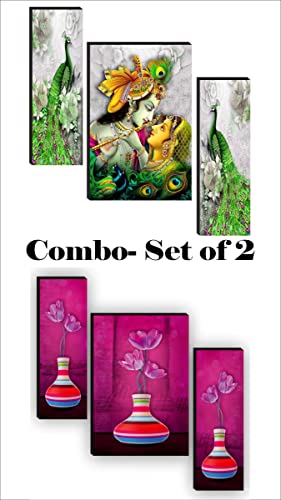 SAF Religious Radhe Krishna UV Textured Painting Set of 3 (18 Inch X 12 Inch, Multicolour, SANFJM31085) & Set of 3 Flower Pot Paintings for living room Painting 12 Inch X 18 Inch SAF-JM7736