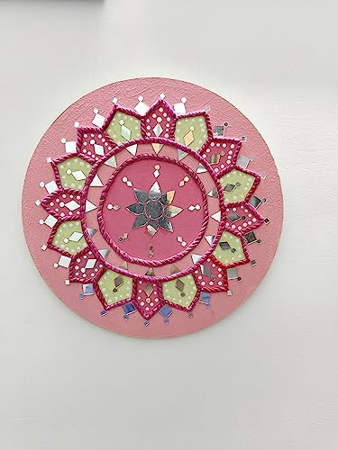 curationsbysmriti Lippan Art wall hanging/Kutchh Work/Mirror Art from Gujarat wall hanging/home decor wall hanging pink base mdf 10"