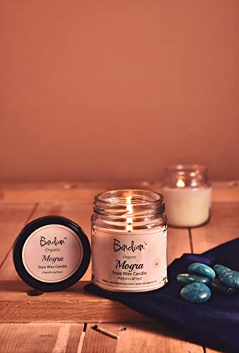 Bindian Premium Mogra Scented Candle | Plant-Based Soy Wax Aromatherapy Candle | Cotton Wick and Premium Glass Jar | 24 Hour Long Burning | Home Decor, Luxury Gift for Decoration