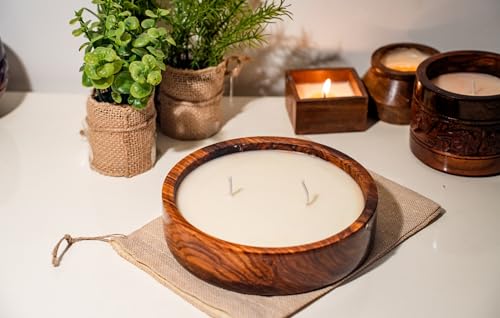 Two Wick Soy Wax Scented Candle in Sheesham Wood - Flat Bowl Large - Upto 50 Hours Burning Time - rafiteriaCandles (Rose)