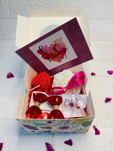 The Pink Patterns Valentines Day Gift Hamper for Her- Heart/Flower Shape Candles with Pair of Scrucnchies and Card | Rose Fragrance SOYA Wax Candles | Special Love Combo