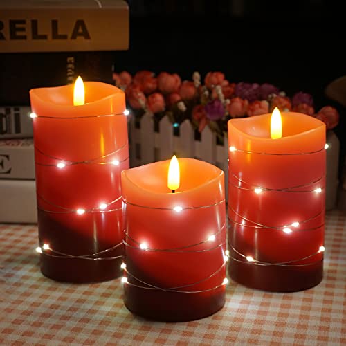 Xinhidar flameless Candle is Rechargeable, Equipped with Embedded String Lights, 3 LED Candles, 11 Key Remote Control, 24-Hour Timer Function, pulsating Flame, and Real Wax. (Gradient red)