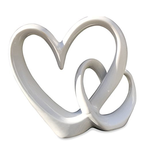 WHW Whole House Worlds Eternity Double Heart Sculpture, Decorative Modern Art, White Glazed Stoneware, 10 1/4 Inches Tall