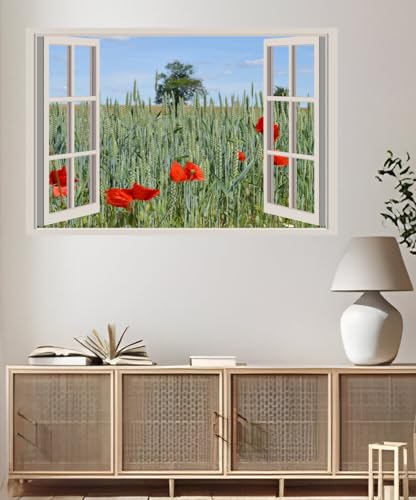 JVERF - JZZA20604 Fields Wheat Poppies Ear Botany Red| Self-Adhesive Open Window Wall Sticker