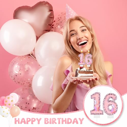 Amylove 2.75" Large Pink Glitter Happy Birthday Candles Girls Number Candles for Birthday Cakes Sequin Numeral Princess Candle Number Birthday Cake Topper with Cupcake Candle for Party (Number 16)