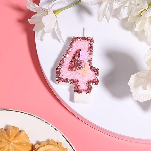 Birthday Number Candles, 2.95 Inch Glitter Number Candles with Butterfly Plugin Pink Number Candles with Sequins Party Candles for Birthday Anniversary (Number 4)