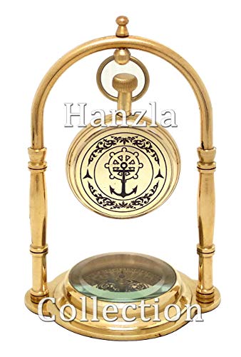 Hanzla Collection Nautical Polished Brass Desk Clock Maritime Brass Compass with Hanging Watch