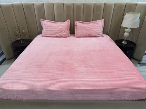 Velvet Solid Woollen Fitted Bedsheet for Double Bed, 254 x 274 cm, with 2 Pillow Covers, 46 x 68 cm, Blue (Pink)