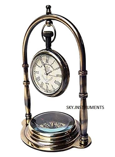 Sky Instrument Brass Nickil Hanging Watch Victoria London Antique Brass Hanging Table Watch with Directional Compass Full Brass Frame for Your Office Table Best Gift for You