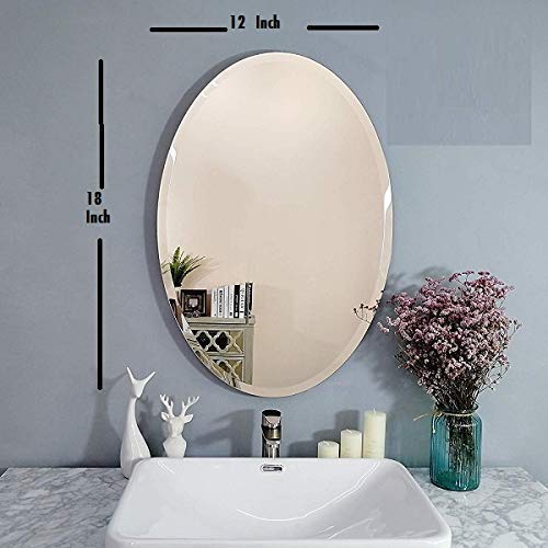 SEVEN HORSES Frameless Oval Beveled Wall Mirror for Dressing, Bedroom, Bathroom and Makeup (12 X 18 inches)