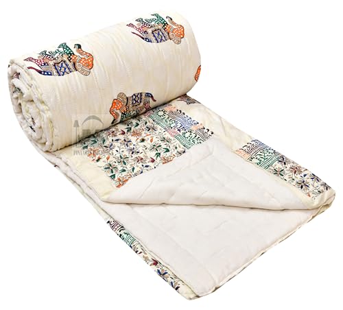 PINAARAS INTERIOR 400 Tc Pure Cotton Traditional Jaipuri Animals Design Printed Light Weight Single Bed Quilt/Razai/Rajai (Animal Print, Set of 2 Elephant)