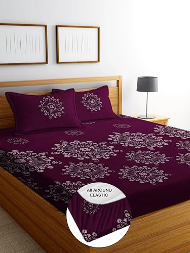 CRAFTS HUB Cotton Feel Glace Cotton All Around Elastic Fitted Printed King Size Double Bed Bedsheet with 2 Pillow Covers(72x78x8 Inch) Fits Upto Mattress of 8 Inches | Wine (827FITTED)