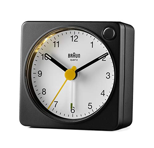 Braun Classic Analogue Travel Alarm Clock with Snooze Function and Light, Compact Size, Quiet Quartz Movement, Crescendo Alarm, Black and White Model BC02XBW