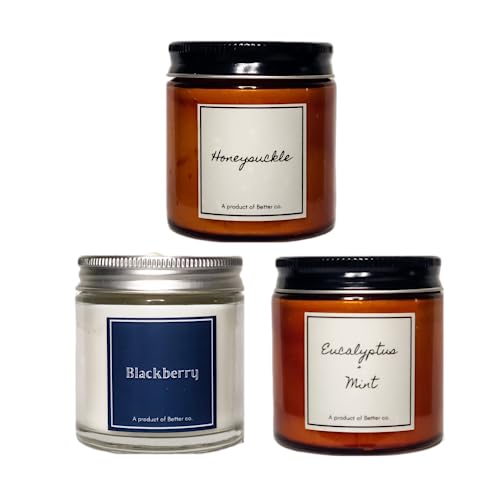 Better co Scented Soy Wax Amber Jar Candle Organic Luxury Aroma Burning Time Upto 20 Hours. Combo Pack of 3. Honeysuckle BlackBerry and Eucalyptus + Mint