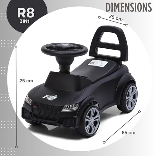 Fun Ride Car Ride On - R8 3-in-1 for Kids with Parent Handle, Music, Light, Backrest & Storage - 1 to 3 Years, Kids Indoor/Outdoor Toy Car for Boys and Girls- (Upto 20 Kg) (Black)