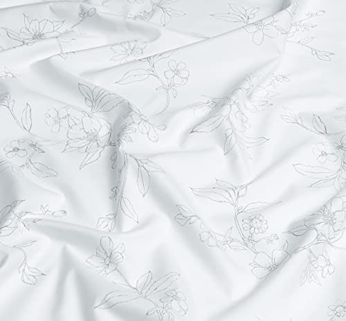 Chanasya 4-Piece Printed Queen Sheet Set - Ultra Soft Hand Drawn Sketch Floral Print 1 Flat Sheet, 1 Fitted Sheet ,2 Pillowcases - Wrinkle Fade Stain Resistant - Brushed Microfiber - White - Queen