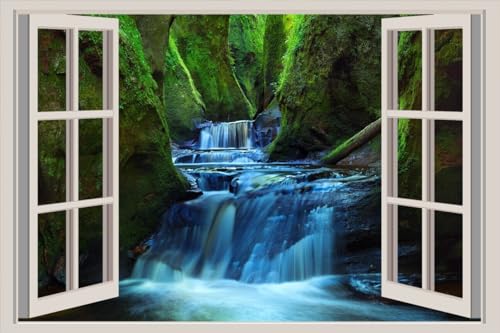 JVERF - JZZA27676 Scotland Waterfalls Finnich Glen Cave Crag Moss| Self-Adhesive Open Window Wall Sticker