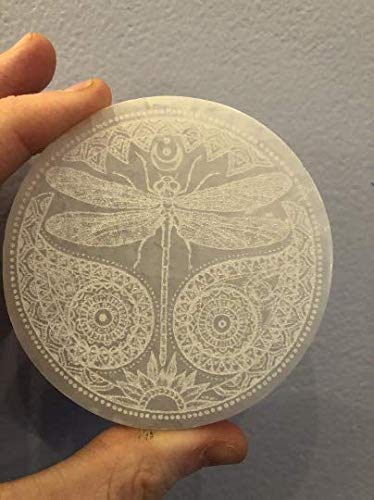 CrystalsAhoy 3" Etched Dragonfly Hand Made Moroccan Selenite Charging Plate, Spirit Animal, Charge Your Crystals in Style