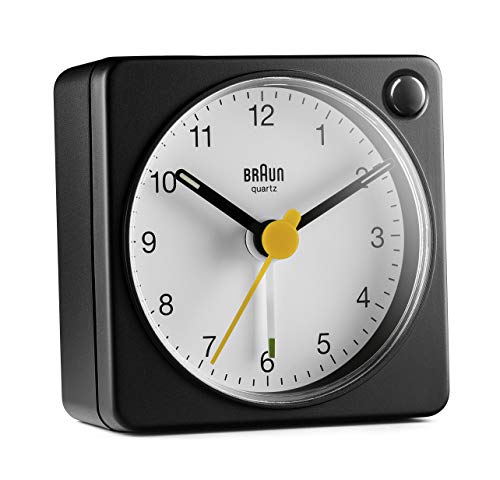 Braun Classic Analogue Travel Alarm Clock with Snooze Function and Light, Compact Size, Quiet Quartz Movement, Crescendo Alarm, Black and White Model BC02XBW