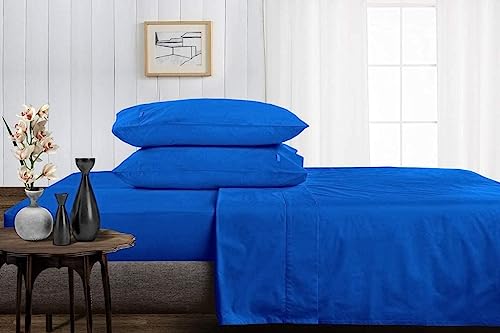 LINEN SHEETS- 100% Cotton Single Size 5 Piece Bedding Set- Soft Luxury 400 TC Bedsheet- 1 Flat Sheet, Fitted Sheet 12" Deep Pocket, 1 Duvet Cover & 2 Pillow Cover-Royal Blue Solid