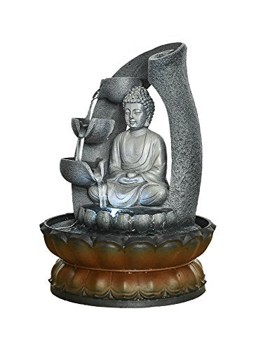 Sitting Buddha Fountain 11", LED Indoor Table Waterfall Fountain Fengshui Meditation Relaxing Decor for Home Office Gray