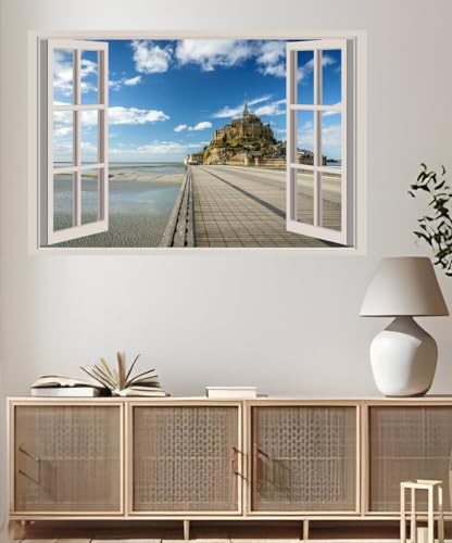 JVERF - JZZA21234 France Fortress Sky Sea Le Mont Saint Michel| Self-Adhesive Open Window Wall Sticker