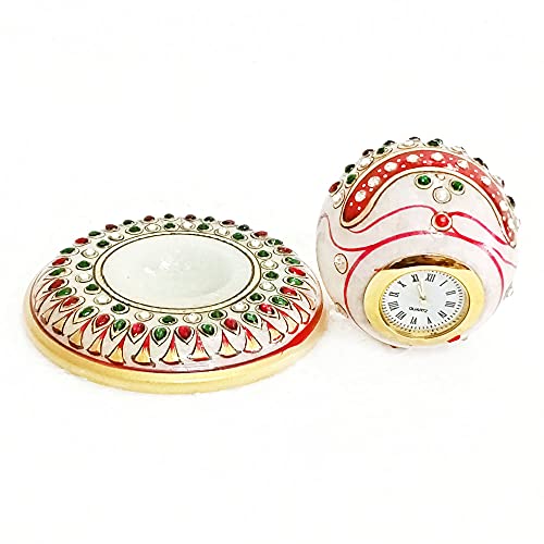 Handicraft Kingdom White Marble Table Clock | Ethnic Design Gold Painted Handmade Round Beautiful Meenakari Work Plate Watch with Ganesh Chowki| Approx Size (4 x 4 Inch) & Wt (600 Gm) Pack of 4