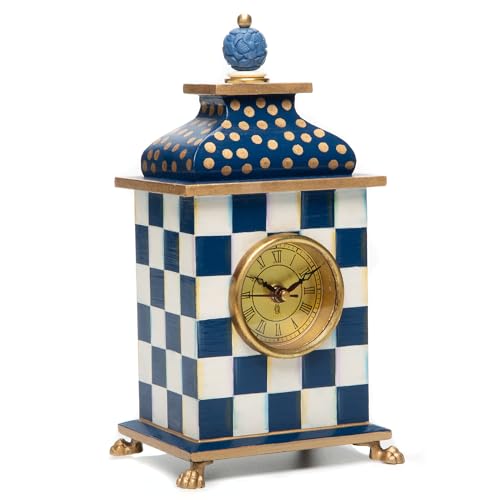 MACKENZIE-CHILDS Desk Clock, Decorative Wood Clock for Kitchen and Living Room, Blue-and-White Royal Check