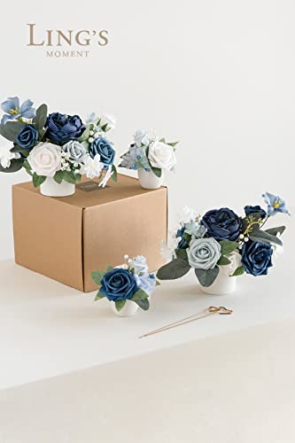 Ling's Moment Wedding Centerpiece Flower with Vase for Ceremony/Reception Tabletop Mantel Archway Aisle, Set of 4|Dusty Blue & Navy