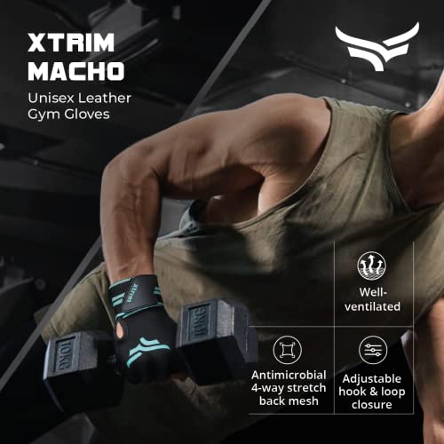 XTRIM X-Macho Leather Gym Gloves for Men & Women with Wrist Support Accessories for Weightlifting, Hand Exercise Gloves with Half-Finger Length for Gym Workout (M, Fits 7.5-8 Inches,Blue-Black)