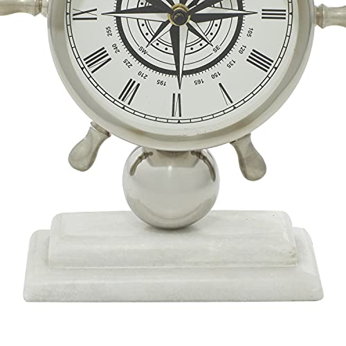 Deco 79 43508 Stainless Steel and Marble Ships Wheel Table Clock, 8" x 9", Silver/White