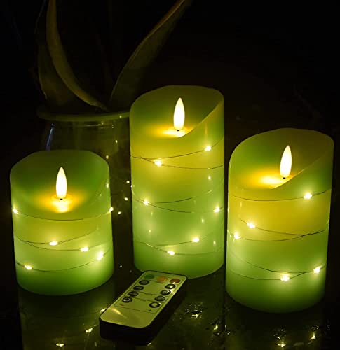 DANIP Green LED flameless Candle with Embedded Star String, 3-Piece Set of LED Candles, with 11 Button Remote Control, 24-Hour Timer Function, Dancing Flames, Real Wax, Battery Powered. (Green)