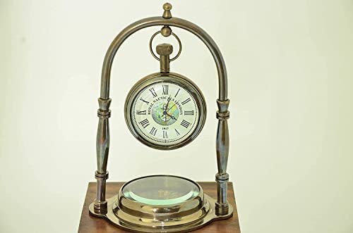 Royal Nautical Handmade Nautical Antique Brass Desk & Shelf Clock with Compass Base Antique Brass Desk Hanging Clock with Compass – Roman Dial.(Set of 5 Pieces)