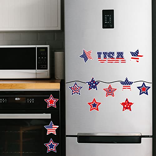 Whaline 19Pcs Patriotic Star Refrigerator Magnets Set 4th of July USA American Flag Garage Magnets with Lines Stars Stripes Magnet Decals for Independence Day Mailbox Car Kitchen Metal Door Cabinets