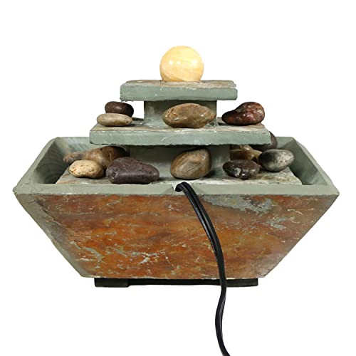 Sunnydaze 8-Inch Ascending Slate Tiered Waterfall Fountain - Built-in LED Light Provides Ambient Lighting - Perfect Size for Desktop or Bedroom - Indoor Relaxation - Electric Square Water Feature