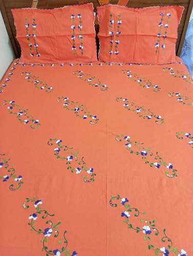 Global Trend India Handwork Cotton Double Bedsheet Bengal Embroidery Work Small Floral Embroidery Design with 2 Pillow Cover-02654