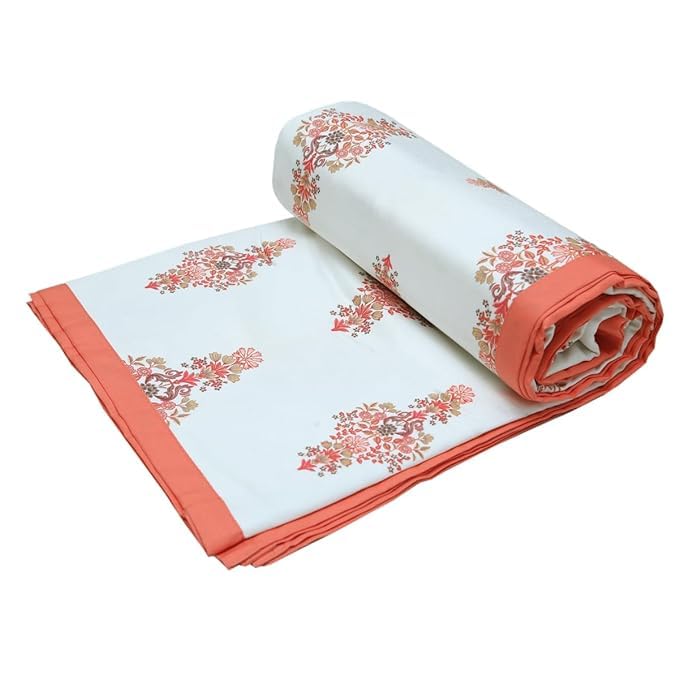 COZY--SLEEP Dohar Satin Cotton, Print Blanket All Seasons Dohar Satin Dohar Light Weight Soft Blanket Cotton (Single Bed) (Peach Block Flower Print)