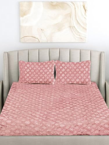 FABINALIV Peach Geometric 300 TC Woollen Embossed King Size Double Bedsheet with 2 Pillow Covers (FLWBS-1038-Peach)