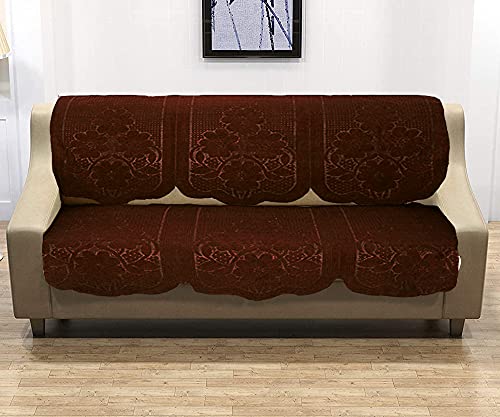 Weavers Villa Cotton Net Floral Brown Woven Sofa Cover (3 Seater - Set of 6 Pieces)