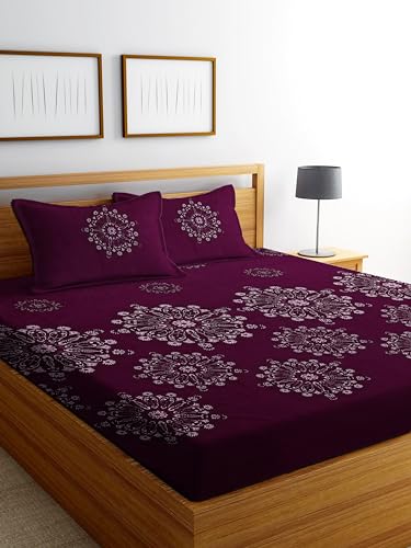 CRAFTS HUB Cotton Feel Glace Cotton All Around Elastic Fitted Printed King Size Double Bed Bedsheet with 2 Pillow Covers(72x78x8 Inch) Fits Upto Mattress of 8 Inches | Wine (827FITTED)