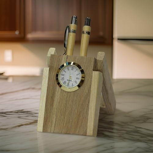 Salvus APP SOLUTIONS Wooden Dual Pen Holder with 2 Wooden-Pens and Table Clock For Home, Office & Gift Showpiece (6.5x17 cm)