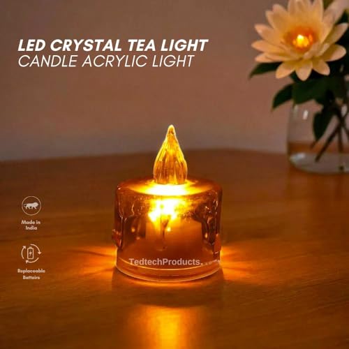 Set of 36, LED Tealight Crystal Candles for Home Decoration, Transparent Acrylic Flameless and Smokeless, Warm Yellow, Battery Operated